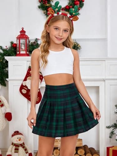 Yewsea Girls Pleated Skirt Kids School Uniform Elastic High Waist Tennis Skirts with Shorts Holiday Outfits Green Plaid Size 8 Years - Thumbnail 2