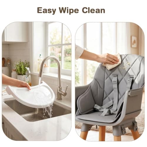 Ezebaby 8-in-1 Baby High Chair, Convertible High Chair for Babies and Toddlers/Booster Seat/Toddler Chair/Table & Chair Set/Kids Stool, Wood Highchair with Removable Tray, Seatbelt, PU Cushion (Gray) - Thumbnail 5