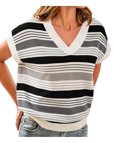 IEEILULU Women's Cap Sleeve Sweater Vests V Neck Striped Color Block Loose Sweater Tank Top Cute Summer Vest Top Black Sweaters for Women Black XL - Image 1
