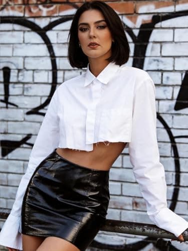 Morzq White Button Down Shirt Women Cropped Long Sleeve Oversized Top Womens Asymmetrical Blouse All White M - Thumbnail 5