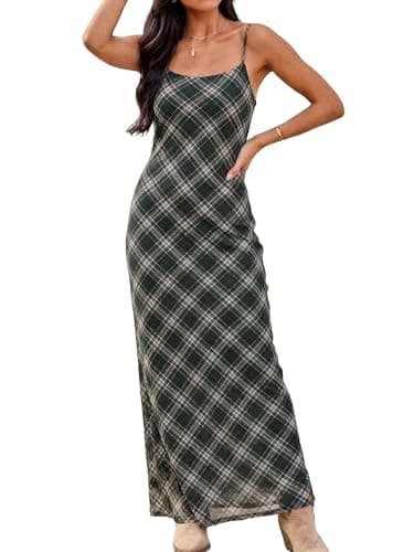 ZAFUL Womens Summer Maxi Dress Spaghetti Strap Mesh Stretch A Line Dresses 2026 Gingham Cute Casual Beach Vacaion Slip Long Sundress Spring Clothing Black X-Large - Image 1
