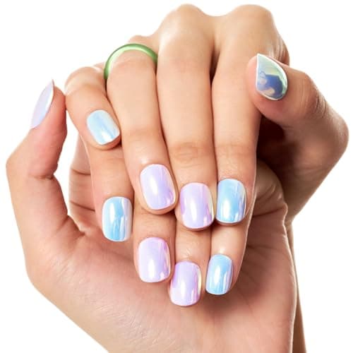 GLAMERMAID Light Blue Pink Chrome Extra Short Press on Nails, Glazed Handmade Light Purple Fake Nails Short Squoval, Mirror Powder Square Glue on Nails, Acrylic False Nails, Glossy Round Fake Nails
