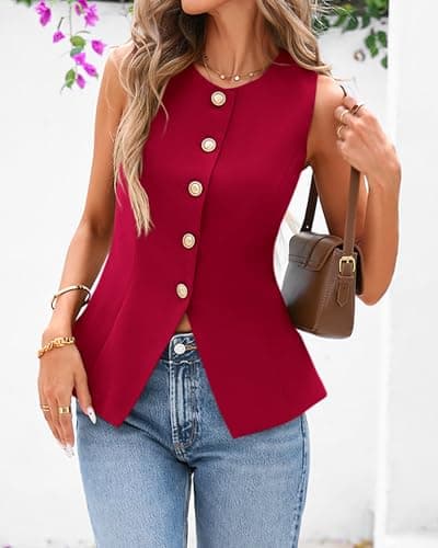 BTFBM Summer Sleeveless Blazer Vest For Women Dressy Button Down Round Neck Business Casual Outfits Work Suit Vests Tops(Red, Medium) - Thumbnail 2