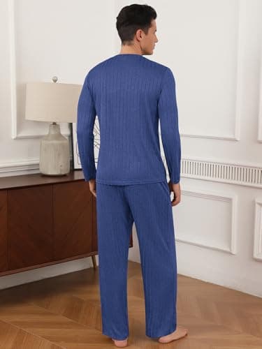 RQP Men's Pajama Sets Long Sleeve Crew Neck Lounge Set with Pockets,Dark Blue - Thumbnail 6