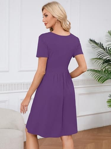 KORSIS Women Short Sleeve Dresses Purple 2XL Casual Round Neck A-Line Pleated Pockets Fall Dress Beach Vacation Sundress with Cardigan - Thumbnail 5