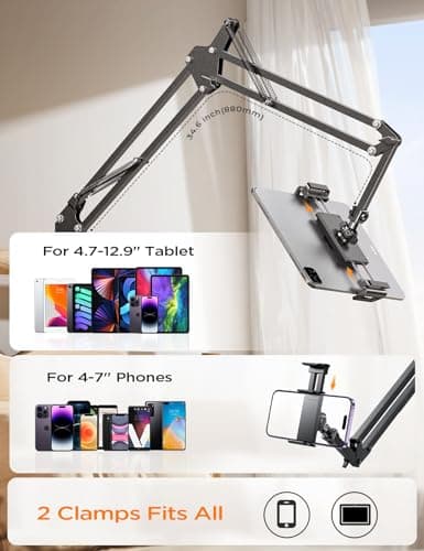 LISEN Tablet Stand iPad Stand for Desk Mount [Ultra Sturdy 2 Clamps] Kindle iPad Holder for Gooseneck Phone Tablet Holder Mount fits iPhone Kindle 4-13" Device Valenties Day Gifts for Women (Black) - Thumbnail 2
