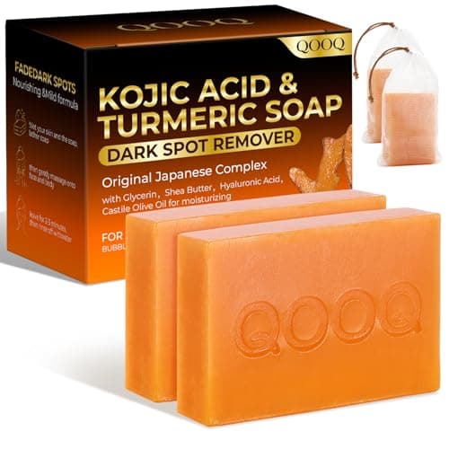 QOOQ Turmeric Kojic Acid Soap for Dark Spots Remover – Facial Cleansing Bar with Vitamin C, Retinol, Collagen, Vitamin E, Glycerin, Shea Butter & Castile Olive Oil – Soap for Women & Men (120g x 2) - Image 1