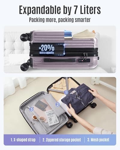 LIGHT FLIGHT Carry On Luggage 22x14x9 Airline Approved, Durable Hard Shell Carry On Suitcases with Wheels, Expandable Hardside Lightweight Travel Luggage with TSA Lock 20 Inch Carry on, Rose Purple - Thumbnail 6
