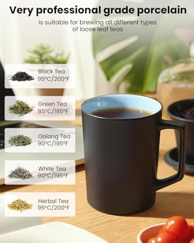 Foinly 15 oz Ceramic Tea Infuser Cup with Lid - Tea Mug with All Porcelain Strainer for Loose Leaf Teas,Microwave and Dishwasher Safe,Metal-Free,BPA-Free for Tea Lovers/Father's Day (Black) - Thumbnail 5