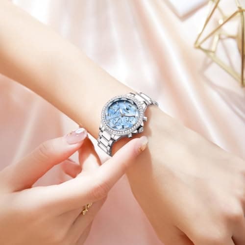 OLEVS Women's Silver Watch Water Resistant for Women Ceramic Stainless Steel Bracelet Blue Mother of Pearl Chronograph Dial Luxury Diamond Bezel Elegant Ladies Quartz Wrist Watch Gift reloj para Mujer - Thumbnail 3
