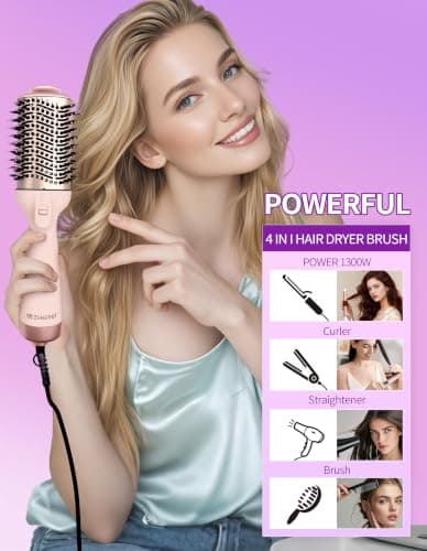 ZM ZHEMEI 1300W Hair Dryer Brush,4 in 1 Blow Dryer Brush Anti-frizz Ceramic Titanium Barrel with ALCI Safety Plug Professional Salon Hot Air Brush for All Hair Types (Rosegold) - Thumbnail 3