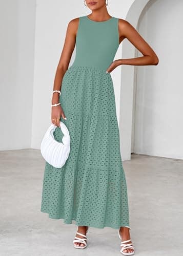 Lazysmile Womens Summer Dresses Crewneck Sleeveless A-Line Hollow Out Eyelet Tiered Tank Maxi Dress Sundress with Pockets - Thumbnail 4
