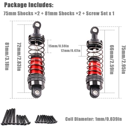 Oil-Fill Shock Absorbers for 1/14 1/16 1/12 RC Cars, 75mm & 81mm Hydraulic Suspension Kit, DIY Refillable Dampers with Alloy Body, Compatible for MJX, HSP, WLtoys, SCY, FMS, Traxxas (Oil Not Included) - Thumbnail 2