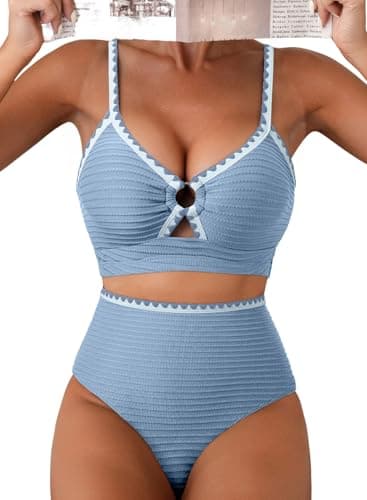 Herseas Women's Bikini Sets 2 Piece High Waisted Popular Swimsuits Textured Adjustable Spaghetti Straps 2026 Whip Stitch O Ring Best Bathing Suits Blue Beach Vacation Outfits Swimwear X-Large - Image 1