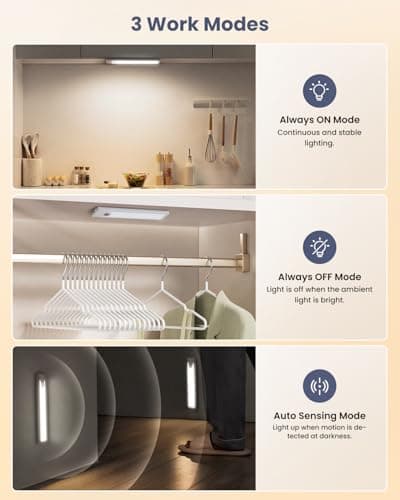 Pak Under Cabinet Lighting, 5 Pack 8 Inch 41 LED Motion Sensor Lights, Rechargeable Battery Operated Closet Light, Wireless Magnetic Dimmable 6500K Daylight White Under Counter Lights for Kitchen - Thumbnail 3