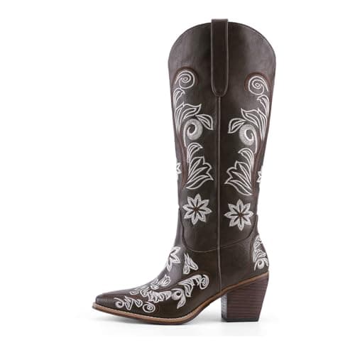 QIV Dark Brown Cowboy Boots for Women Western Pointed Toe Chunky Heel Mid Calf Cowgirl Boots with Embroidered Floral Size 11 - Thumbnail 5