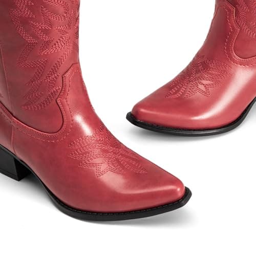 Athlefit Cowboy Cowgirl Boots for Women Fashion Low Chunky Heel Snip Toe Embroidery Western Mid Calf Boots Red Size 8.5 - Thumbnail 5