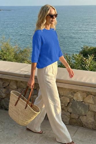 Arach&Cloz 2026 Women's Cotton Spring Summer Crochet Tops Crew Neck 3/4 Half Drop Short Sleeve Hollow Out Oversized Resort Wear Sweater Casual Vacation Outfits Fashion Trendy Shirts Royal Blue XL - Thumbnail 5