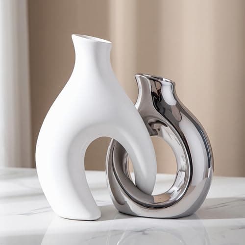 Ceramic Vase Set of 2, Modern Table Decor for Farmhouse Boho by TZIZO