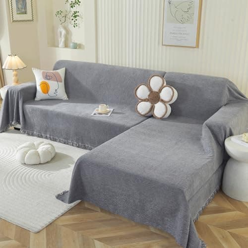 OstepDecor Sectional Couch Covers 2 Pieces, L Shaped Sofa Cover, Chenille Couch Cover for Dogs Washable, Couch Cover Blanket, Sofa Slipcover for 2-3 Cushion Couch (71"x118"+91"x134", Dark Grey)