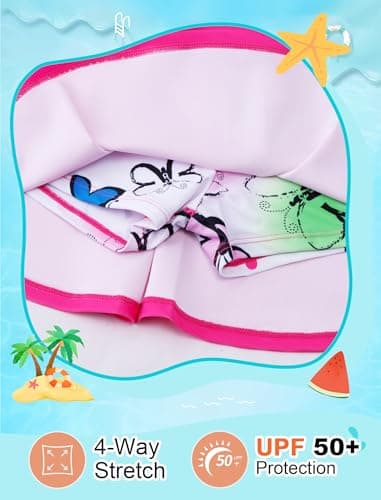 Seanrui Girls' Swimwear Size 8 Long Sleeve Bathing Suit for Kids Rash Guard Swim Top with Shorts Pink Butterfly - Thumbnail 2