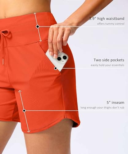 Viodia Women's 5" High Waisted Swim Board Shorts Quick Dry Beach Shorts with Pockets UPF 50+ Swimsuit Bottoms with Liner Orange L - Thumbnail 5