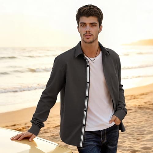 Men's Shirt Casual Stylish Long Sleeve Untucked Button Down Shirt Winter Spring Mens Dress Shirts Dark Gray - Thumbnail 3