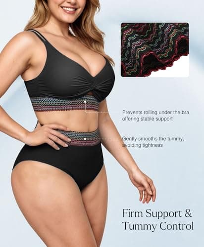 Popilush Tummy Control Swimsuits for Women High Waisted Bikini Sets Two Piece Boho Swimsuit Shapewear 4 Way Wear Beach and Pool Size M Color Black - Thumbnail 4
