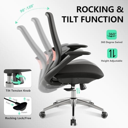 BERYTH Ergonomic Office Chair, High-Back Mesh Executive Chair with Lumbar Support & 360° Adjustable Arms, Reclining Desk Chair with Tilt Lock for Home Office, Gaming, and Work, 300lb Capacity (Black) - Thumbnail 6