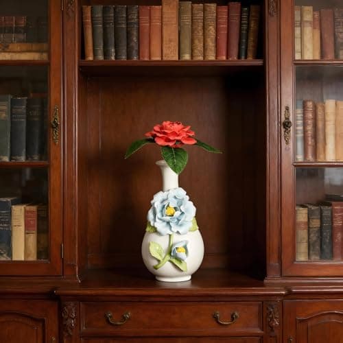 Handmade Pinched Flowers Ceramic Vase with One Ceramic Rose Flower, Home Decor Ceramic Vase for Dining Table, Living Room, Kitchen, Bedroom, Shelf, Office, Coffee Table, Restaurant & Fireplace Mantel - Thumbnail 2
