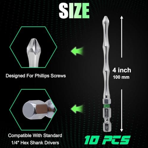 Hitscrews Magnetic Screwdriver Bits PH2#2 (S2 Steel, White Chrome, 4 Inch Long, CNC Phillips Tip) – Impact Driver Bits for Cabinets, Drywall, Hard-to-Reach Areas – 10 PCS - Thumbnail 2