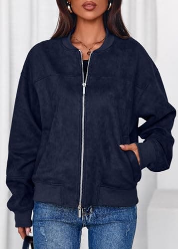 Lazysmile Women's Faux Suede Bomber Jackets Fall Fashion Outfits Winter Clothes Stand Collar Zip Up Coats Outwear with Pockets - Thumbnail 5