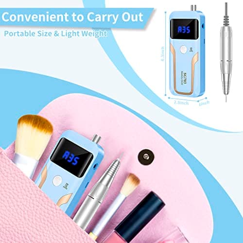 Portable Nail Drill Professional 35000 RPM, MOCOWIND Rechargeable Electric Nail File Machine E File for Acrylic Gel Polishing Removing, Cordless E-File with Bits Kit for Manicure Salon Home, Blue - Thumbnail 4