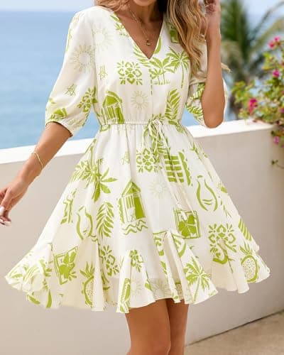 BTFBM Women Summer Spring Floral Boho Dress 2026 V Neck Short Sleeve Ruffle Beach Vacation Clothes Wedding Guest Dresses(Floral Apricot Green, Medium) - Thumbnail 4