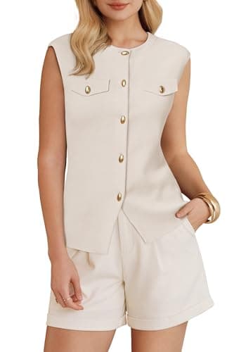 Arach&Cloz Womens 2026 Spring Fashion Cap Sleeve Button Down Crew Neck Sweater Vest Dressy Business Casual Tops Trendy Old Money Work Easter Clothes Summer Sleeveless Blazers Outfits White XL - Image 1
