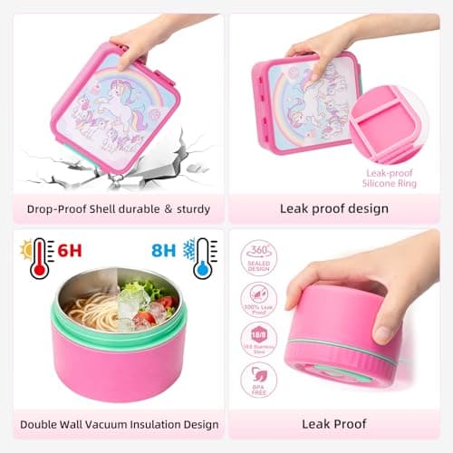 Kids Bento Lunch Box with 12oz Soup Thermo, 4 Compartments Leak Proof Lunch Box, Stainless Steel Insulated Food Jar for Girls Back to School, Daycare, Camping, Picnic, Unicorn Birthday Gifts for Girl - Thumbnail 5