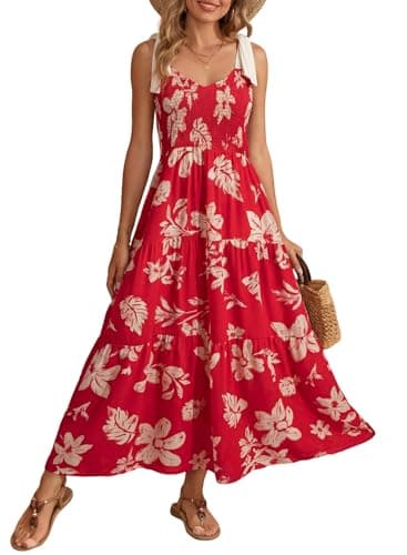 Dokotoo Womens Summer Floral Boho Dress Sleeveless Tie Strap Sundress 2026 Square Neck Smocked Ruffle A Line Beach Long Maxi Dresses Resort Wear,Red-Floral X-Large - Image 1