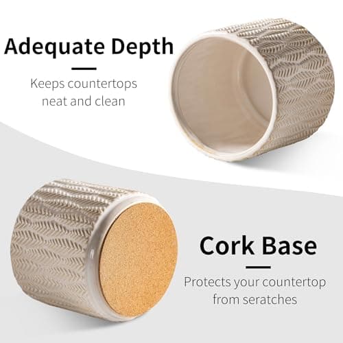 5.3-Inch Ceramic Utensil Crock Utensil Holder Countertop, Embossed Ceramic Storage Canister - with Non-Slip Cork Base, Rustic Farmhouse Multi-Purpose Desktop Organizer, Kitchen Decor(Wheat Brown) - Thumbnail 6