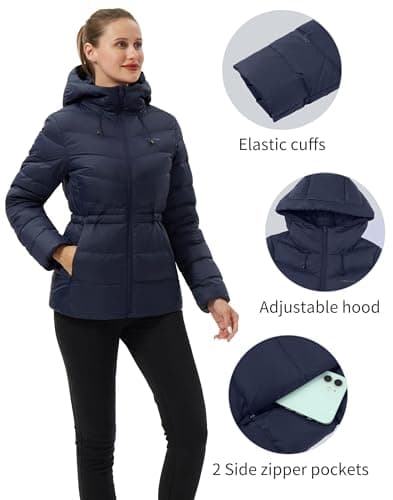 Pioneer Camp Quilted Down Puffer Jacket For Women with Hood Water Resistant Lightweight Winter Coat Long Sleeve Full Zipper, Navy, XXL - Thumbnail 5