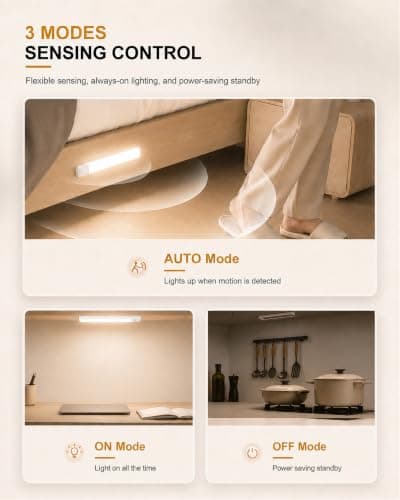 10inch Under Cabinet Lighting, 68 LED Rechargeable Motion Sensor Light Indoor, 6 Levels Dimmable Magnetic Closet Lights, Wireless Under Counter Lights for Kitchen, Stairs, Bedroom, 2-Pack Daylight - Thumbnail 3