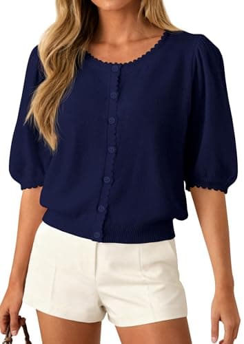 PRETTYGARDEN Puff Short Sleeve Cardigans for Women Lightweight 2026 Summer Shirts Button Up Knit Sweater Tops Spring Clothes (Navy Blue,XX-Large) - Image 1