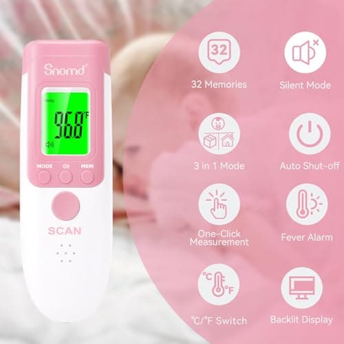 Snomd Digital Non-Contact Infrared Forehead Thermometer for Adults, Kids, and Baby, 3-in-1 Medical Grade Thermometer with Fever Indicator, Instant Reading, Backlit LCD Display - Thumbnail 2