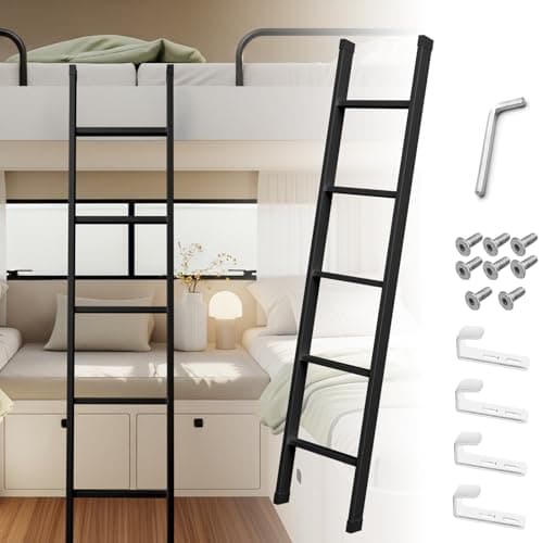66inch RV Bunk Bed Ladder, 66" Heavy Duty Travel Trailer Bed Ladders, Metal Camper Bunk Bed Ladder with 4 Hook and Foot Caps, 330 LBS Loading Twin Bed Step Ladder Portable Stairs Steps, Black - Image 1