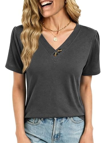 VUTRU Tops for Women V Neck Blouse Puff Short Sleeve Henley Tunic Shirt Loose Fitting Work Casual Plus Size Summer Clothes, Grey M - Image 1