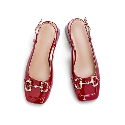 Red Slingback Mary Jane Heels for Women Square Toe Pump Shoes Low Block Chunky Heel Closed Toe Heels Classic Daily Office Dressy Church Shoes Size 10