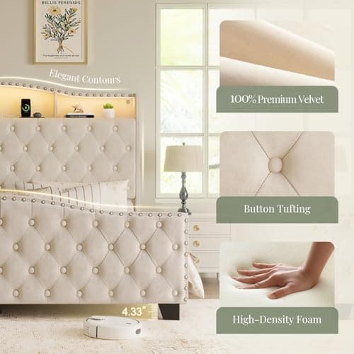 Belffin Queen Size Bed Frame and Headboard, 50.9" Velvet Upholstered Wingback Bedframe with LED Lights & Storage/Charging Station, Button Tufted Tall Footboard, No Box Spring Needed, Noise-Free, Beige - Thumbnail 6