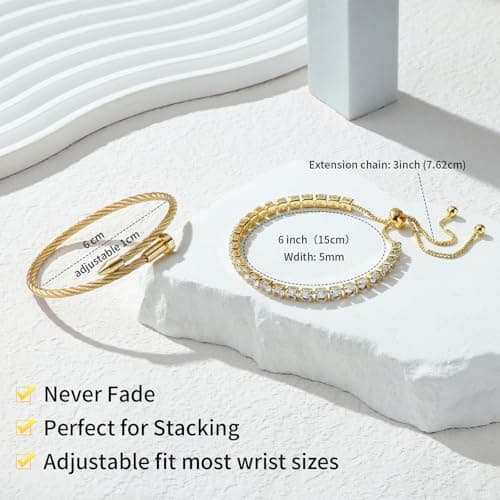 LCTrusttmor Gahna 18K Gold Plated Bangle Bracelet for Women, Non-Tarnish Stackable Nail Hand Chain Set, Dainty Adjustable Tennis Cubic Zirconia Bracelets for Women, Trendy Jewelry Mother's Day Birthday Gifts for Lover Mom Her - Thumbnail 4