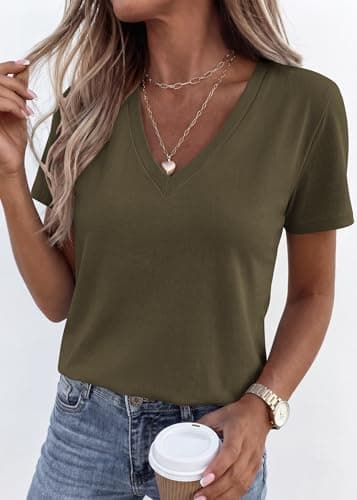KIRUNDO V Neck T Shirts for Women Summer Tops Oversized Spring Short Sleeve Casual Basic Tees Tunic Blouse Fashion Clothing(Army Green, XX-Large) - Thumbnail 3