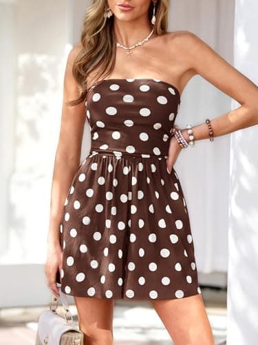BTFBM Rompers For Women 2026 Summer Strapless Printed Tube Boho Wide Leg Beach Short Jumpsuit Spring Date Night Romper(Polka Dots Brown, Small) - Thumbnail 2
