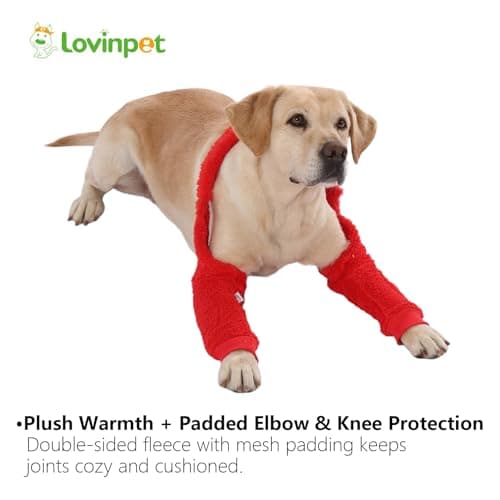 LovinPet Dog Front Leg Warmers for Medium Large Dogs, Double-Sided Fleece Elbow & Knee Sleeve, Adjustable Recovery Leg Protector, Anti-Lick, Anti-Chafe, Cold Weather Keep Warm, Red, XL - Thumbnail 5